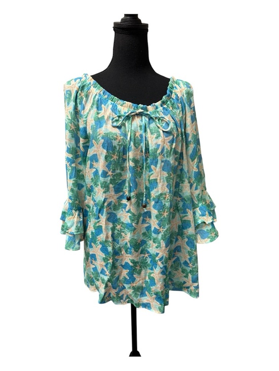 Late August Tops - Late August Starfish Boho Peasant Top 2X Beach Coastal Ruffle Sleeve Blue